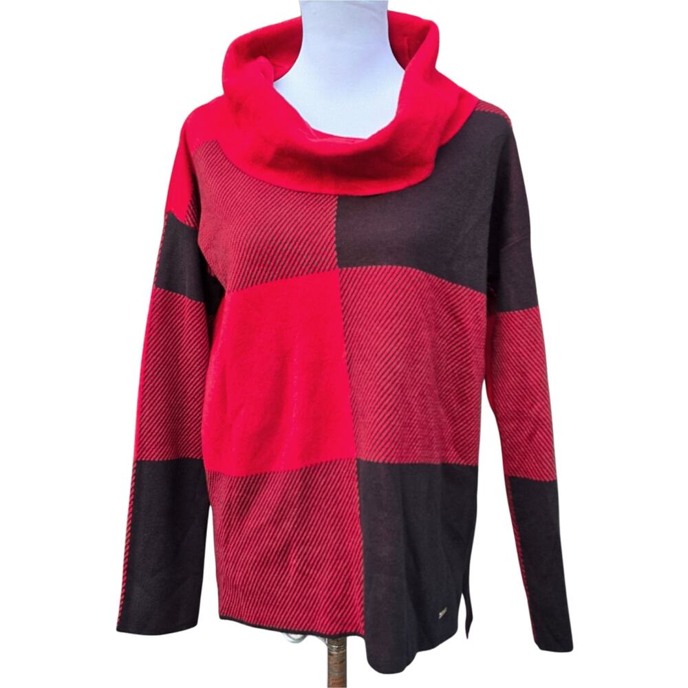 CK Cowl Neck Sweater Calvin Klein Size S Knit Pullover Red Black Buffalo Check
